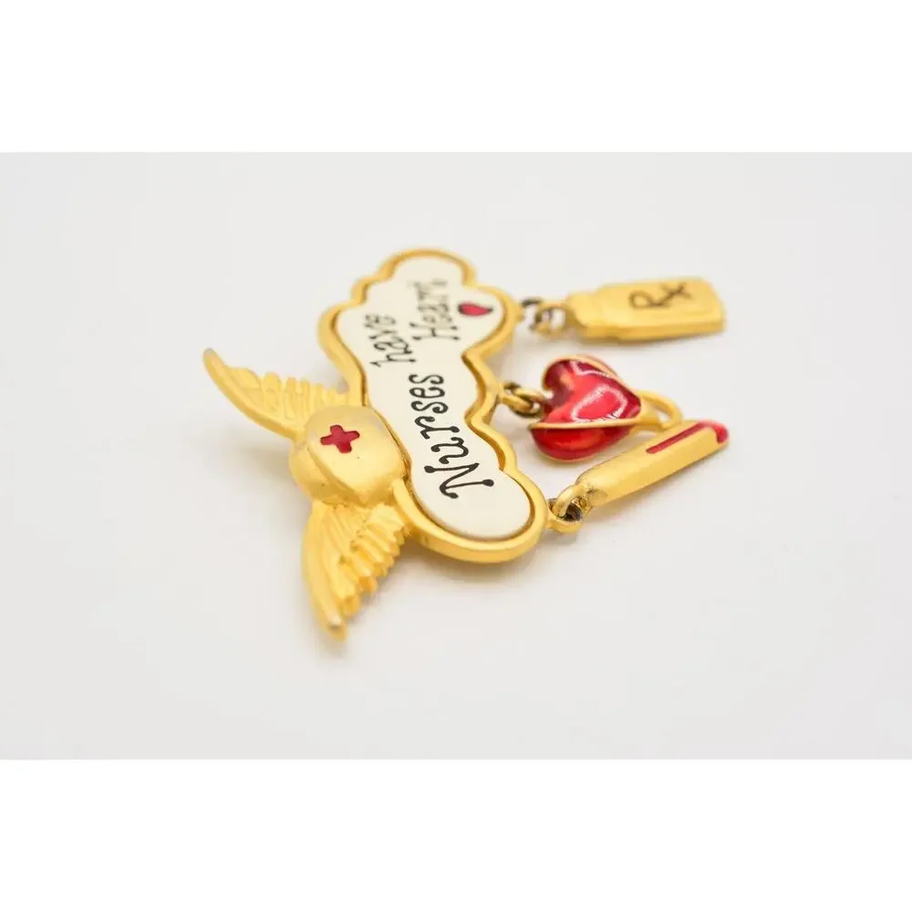 Tara Vintage Nurse Pin Brooch Gold Charms Nurses Have Heart Angel Signed BinAL
